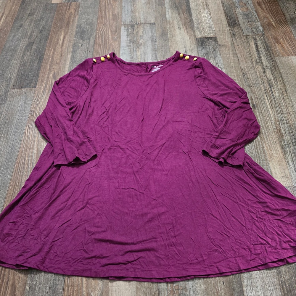 Lane Bryant Swing Tee Womens 18/20 Purple 3/4 Sleeve Gold Button Shoulder Top